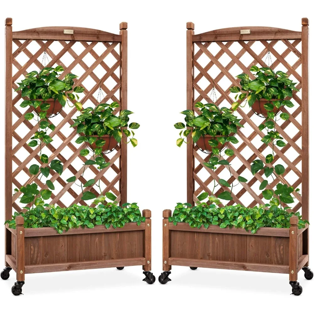 

Set of 2 48in Wood Planter Box & Diamond Lattice Trellis, Mobile Outdoor Raised Garden Bed for Climbing