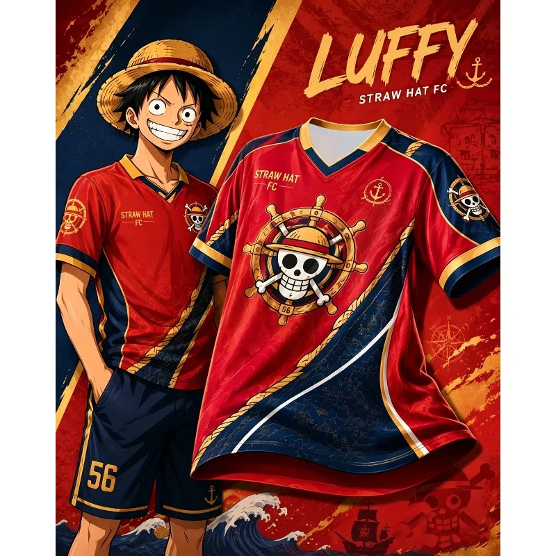 Camisa de Futebol Masculina Luffy Straw Hat FC com Decote em V, Camiseta Solta Estilo Y2K Pirata Anime Streetwear, Roupa Casual Náutica para Homens e Adolescentes