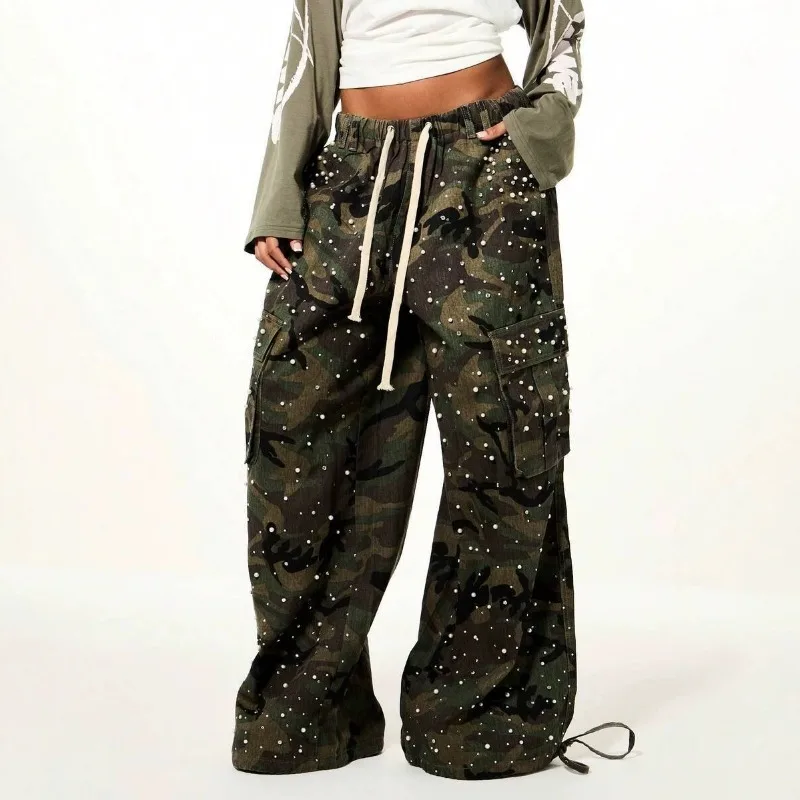 Women Camo Cargo Pants Rhinestone Pearl Decor High Waist Drawstring Side Pocket Jogger Wide Leg Trousers