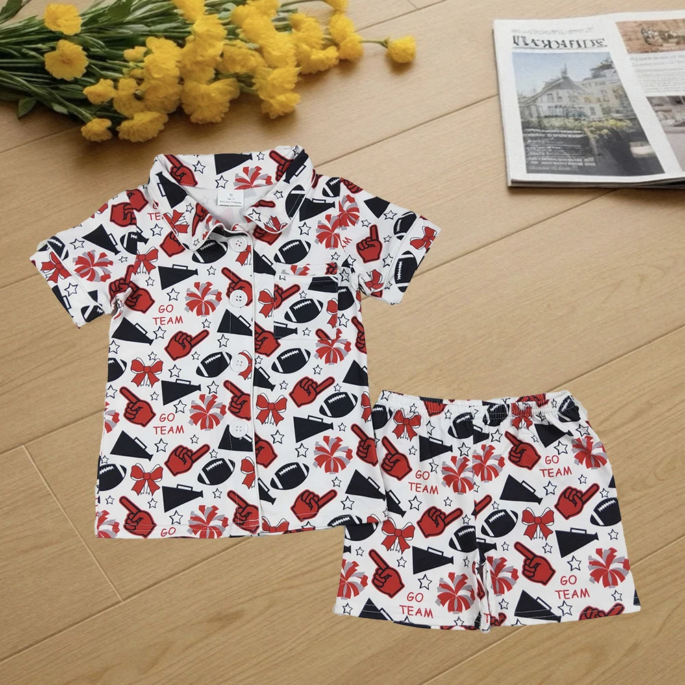 

9.23 Kids Clothes For Girls Baby Girls Team Black Stars Football Button Top Shorts Pajamas Sets