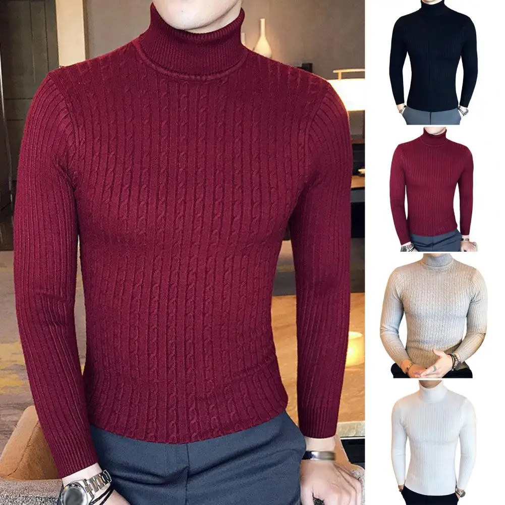 Winter Top Men's High Collar Slim Fit Knitted Sweater Stylish Winter Pullover for Sport Wear Solid Color Elastic Mid Length