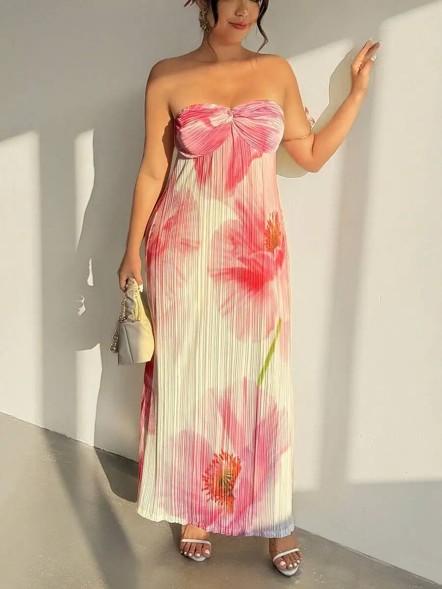 

Elegant Floral Pleated Strapless Maxi Dress For Women Summer Vacation Beach Music Festival