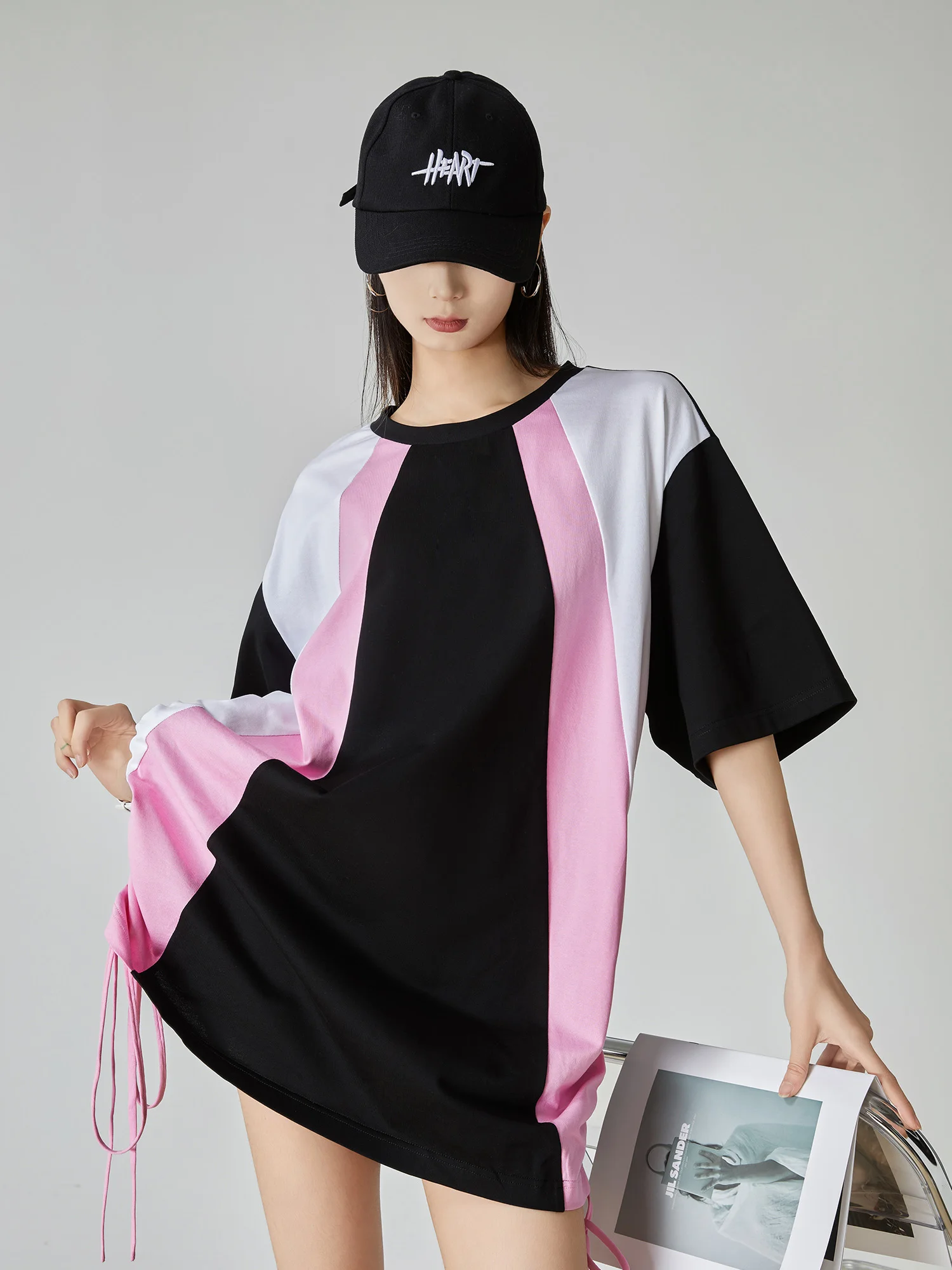 

Dopne Pink Spor ort Sve Sweatirt Dr Women's Thin Summer New Loose Dstring T-irt Dr Splice Color Blo