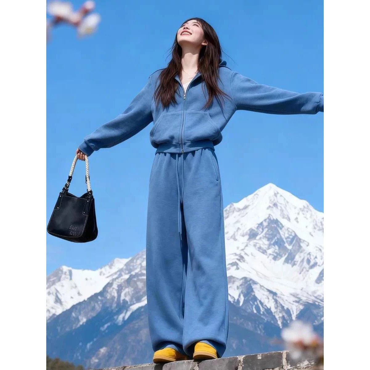 Women's Sporty Cotton-Like Diagonal Weave Set 250g Casual Loose Fashion Sweatshirt Two-Piece Autumn Korean Style
