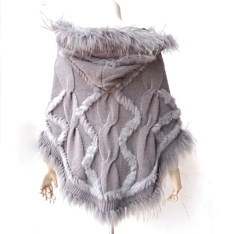 Women Winter Loose Warm Knitted Poncho With Real Raccoon Fur Stripe Female 2023 New Hooded Ponchos Cape