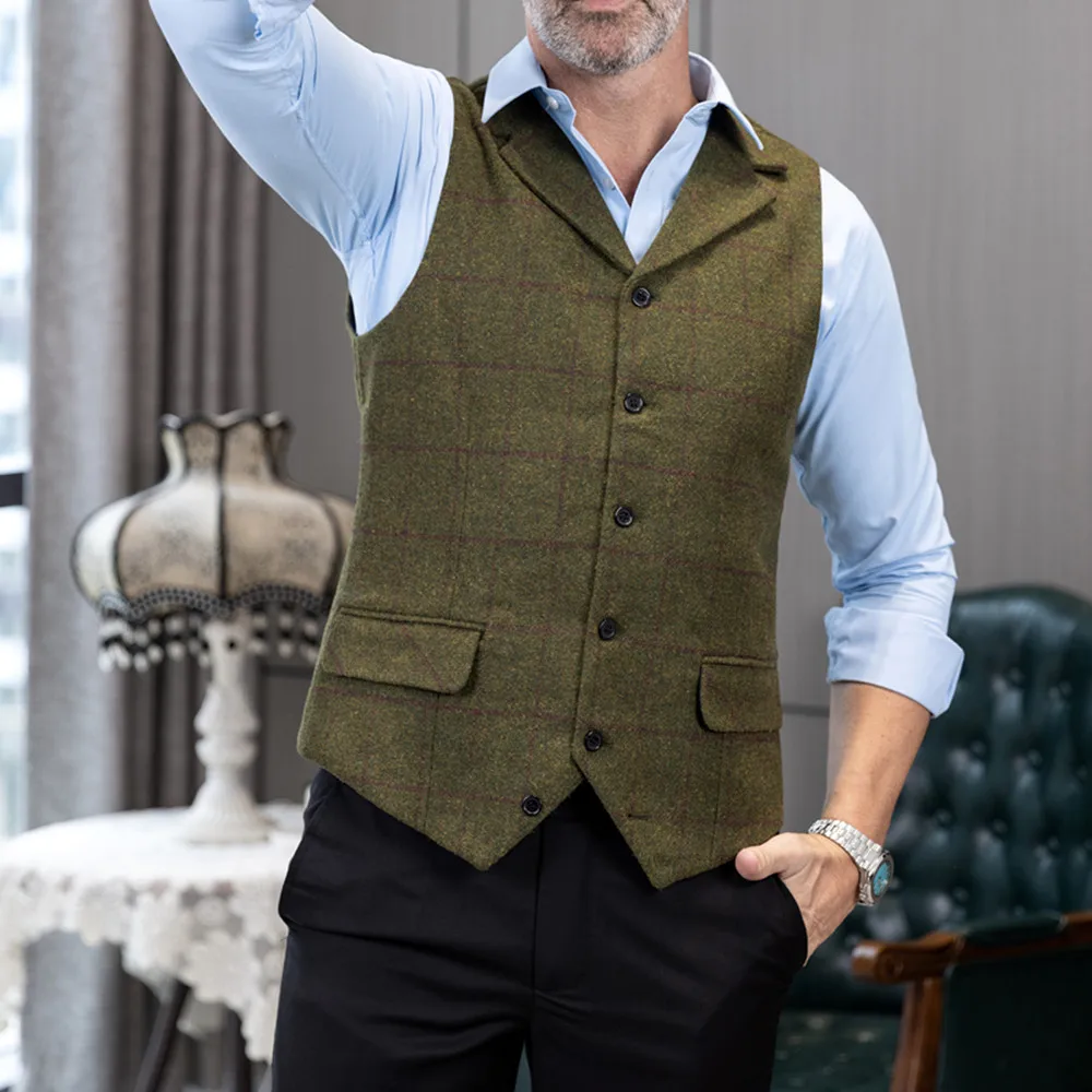 In Voorraad Heren Pakken Vest Visgraat Tweed Wol Revers Plaid Tuxedo Vest Voor Jas Bruidsjonkers Vest Voor Bruiloft