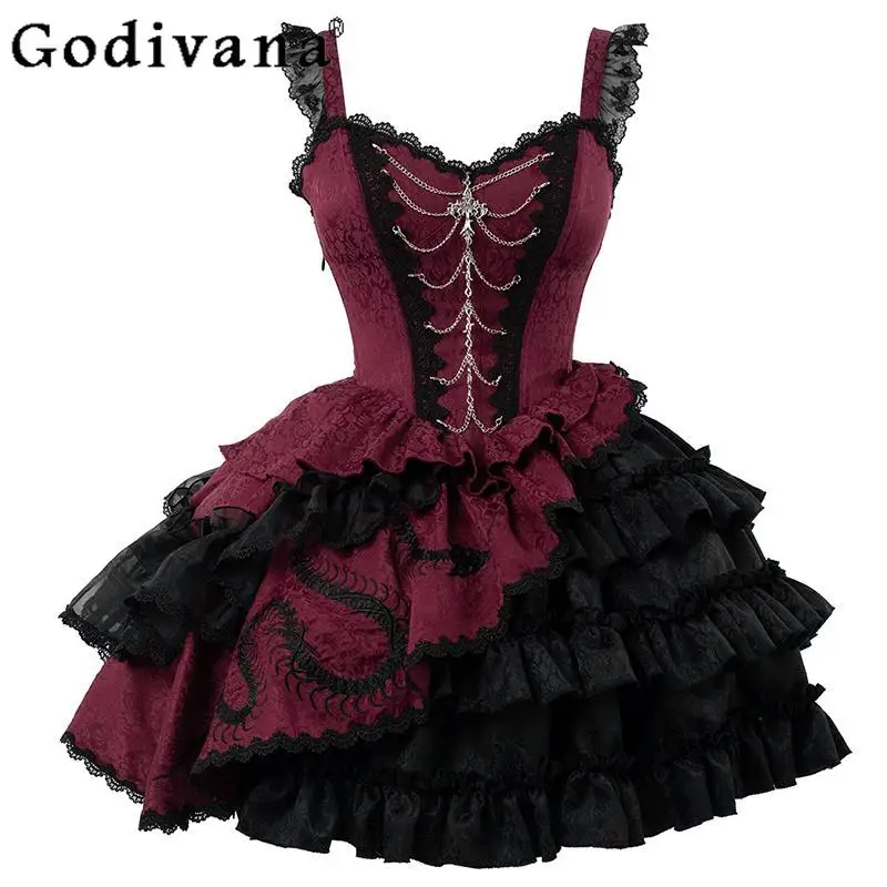

Original Gothic JSK Lolita Dresses Set Women Lace Embroidery High Waist Lolita Short Dress Female Black Coat and Dress Suit