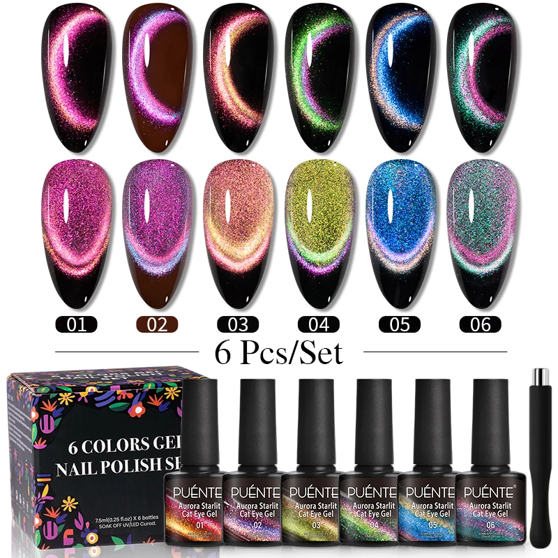 PUENTE Juego de 6 Esmaltes de Gel Magnéticos Efecto Ojo de Gato, Colores Arcoíris con Brillo Aurora, Barniz de Uñas Semipermanente Curado con Luz UV/LED con Imán, Hipoalergénico y Sin Alcohol, Apto para la Piel (Se Necesita Base Negra), Profesional para Manicura en Casa y Salón