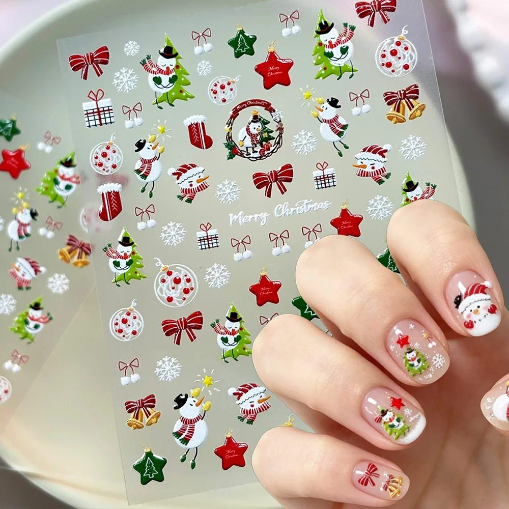1pcs 5D Embossed Iridescent Pink Christmas Nail Stickers Macaron Snowman Wreath Christmas Star Nail Decals Christmas Decorative