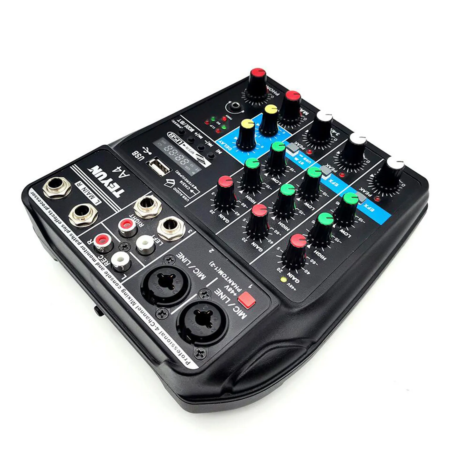 USB Audio Mixer A4 Sound Mixing Console Record Computer 48V Phantom Power Delay Repaeat Effect 4 Channels Bluetooth USB