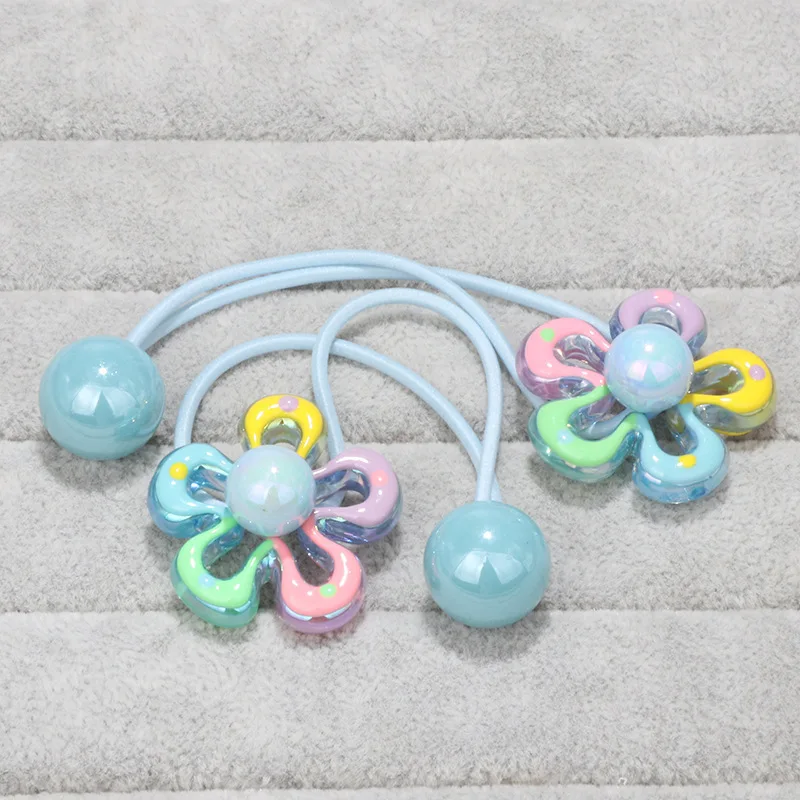 2 Stück funkelnde Blumen-Haargummis, bunte Perlen-Haargummis – Kinder-Haargummis für Pferdeschwänze, umlaufender doppelsträngiger Haargummi – Detail 8
