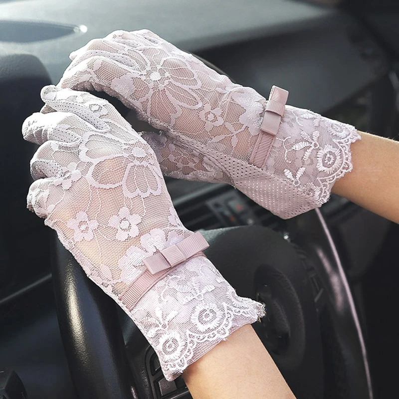 Gants de soleil d'été en dentelle florale fine pour femmes, nœud papillon d'accent de fleurs, confortables, élastiques, respirants, gants d'extérieur