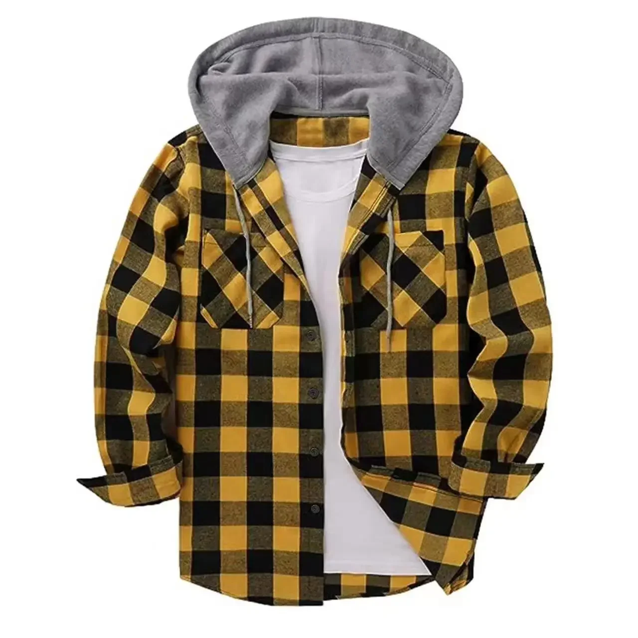 Spring Autumn Men\'s Hooded Shirts Classic Plaid Casual Button Down Hoodies Long Sleeve Double Pockets Shirts Flannel Jacket Tops