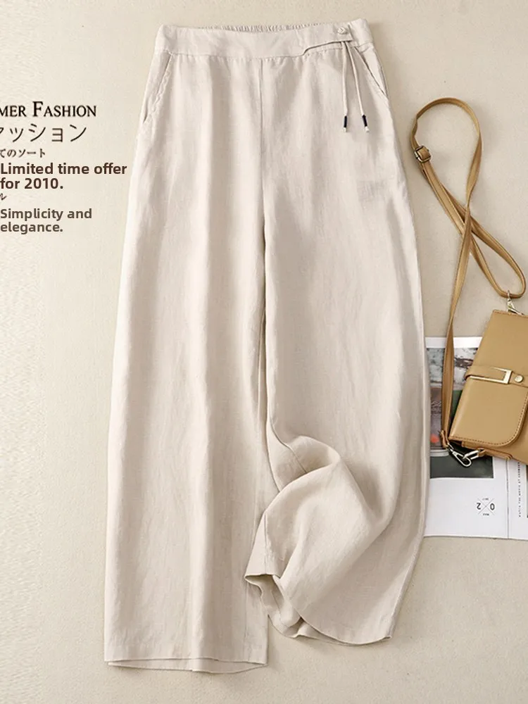 Cintura alta calças de perna larga algodão linho casual nove pontos fino sle feminino premium faion calças commute sle vintage