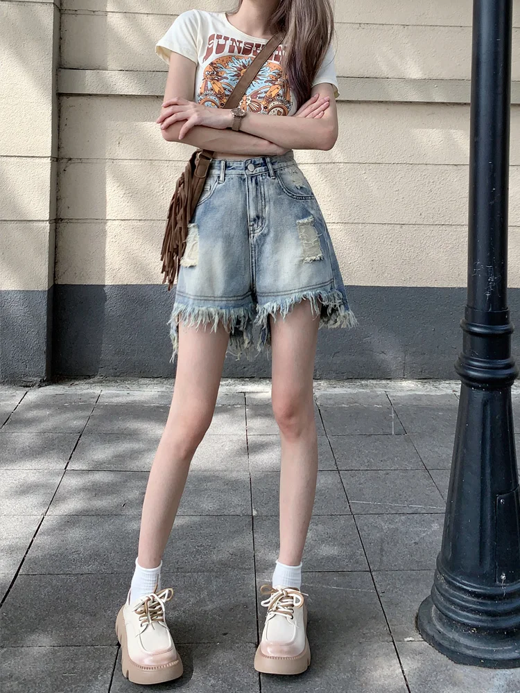 Damskie spodenki jeansowe w stylu retro, postarzane, plus size, z wysokim stanem, z dziurami i postrzępionymi brzegami, jesienne, w stylu spicy girl, casualowe.