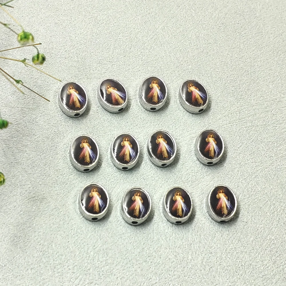 30pcs/lot Divine Mercy Virgin Mary Keychain Rosary Oval Beads 10X8mm Religious Spacer Bead  DIY Necklace Bracelet Jewelry Making