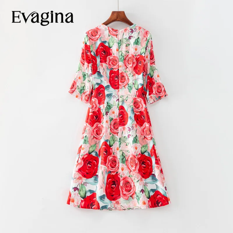 Evagina 2023 Fashion Runway Spring/Summer Dress Women Round-Collar Half-Sleeve Rose Flowers Print Casual Slim Mini Dress