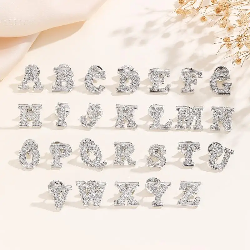2PCS Initial A To Z 26 Letters Pin Silver Color Fashion Metal Alphabet Women Men Suit Collar Lapel Brooch Pin Accessories