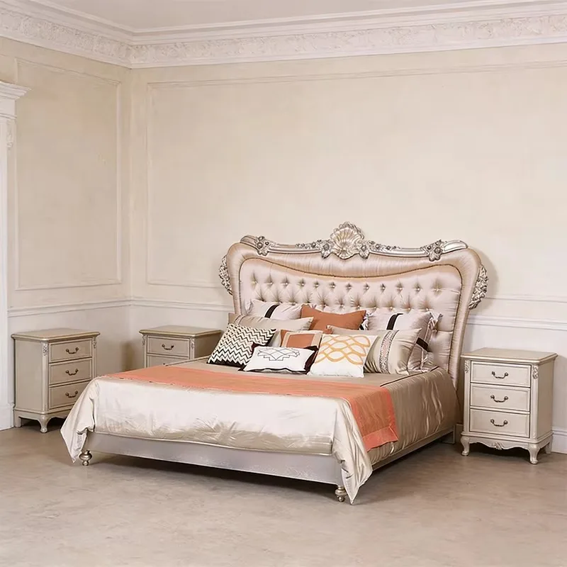 Hand-Carving Solid Wood Frame Luxurious Tufted Satin Upholstery Queen Bedroom Sets Furniture European Royal Style Bed