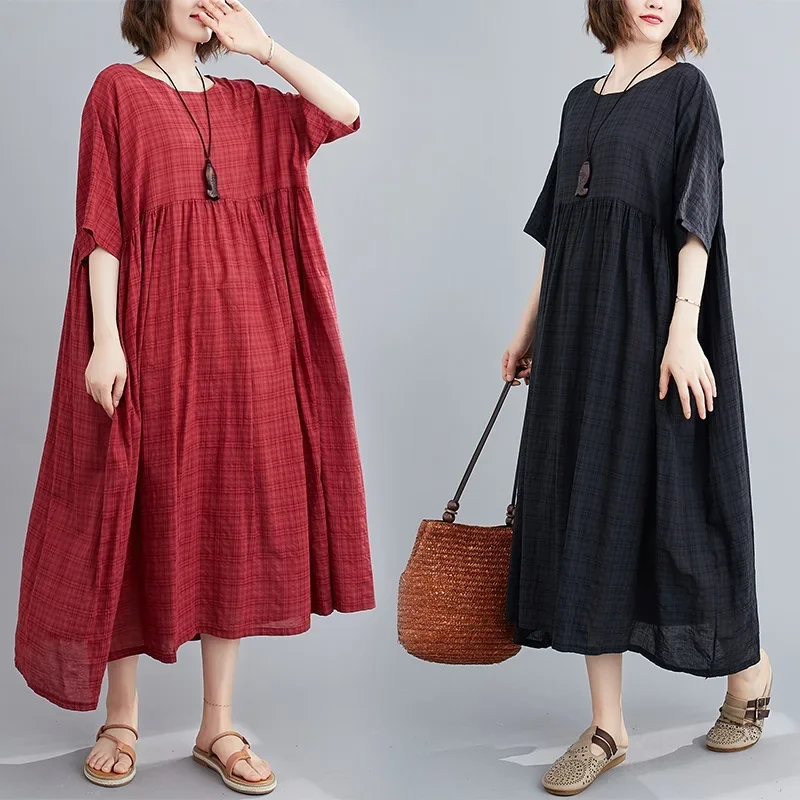 

Short Sleeve Oversize Cotton Linen Vintage Plaid New in Dresses for Women Casual Loose Long Summer Dress Elegant Clothing E7181