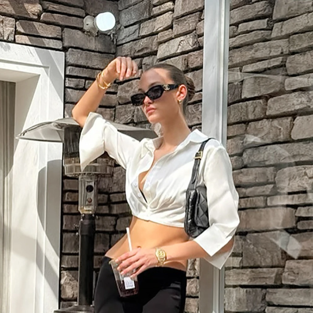투트윈스타일 핫걸 스타일 여성용 셔츠, 라펠 쓰리 쿼터 슬리브 미니멀리스트 화이트 컬러 숏 셔츠 여성 의류