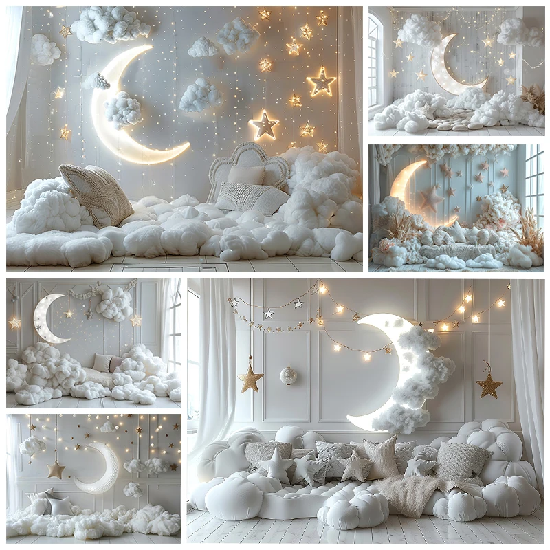 White Wall Backdrop For Photography Moon Stars Cotton Baby Shower Birthday Party Background Indoor Decoration Studio Photobooth