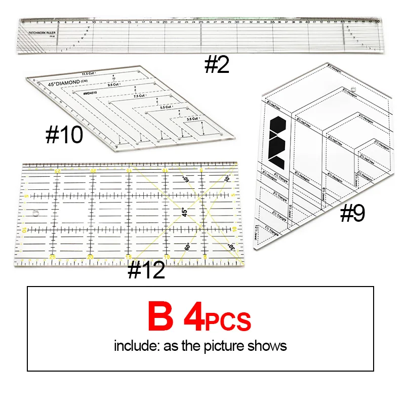 QJH 4pcs/set Patchwork Rulers Set Acrylic Sewing Rulers Sewing Drawing Tools for Fabric Clothing Cutting Quilting Ruler DIY Tool