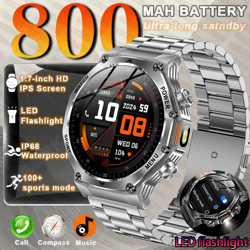 

Светодиодный фонарик, умные часы для мужчин, 800 мАч, сверхдлительный срок службы батареи, водонепроницаемые спортивные часы на открытом воздухе, Bluetooth-вызов, военные умные часы