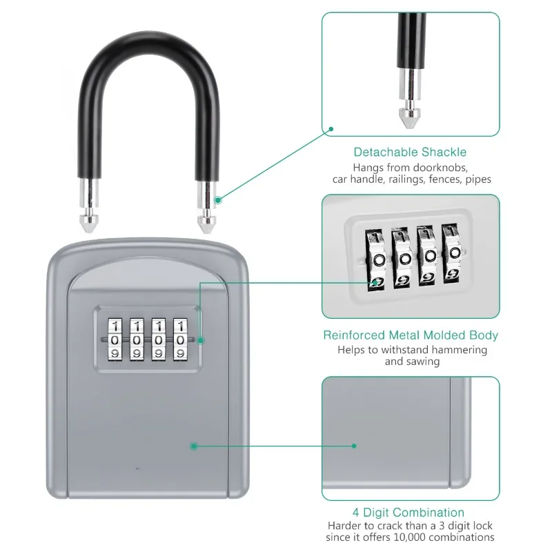 Zinc Alloy Hook Key Box 4 Digit Combination Password Safe Weatherproof Key Safe Security Storage Box