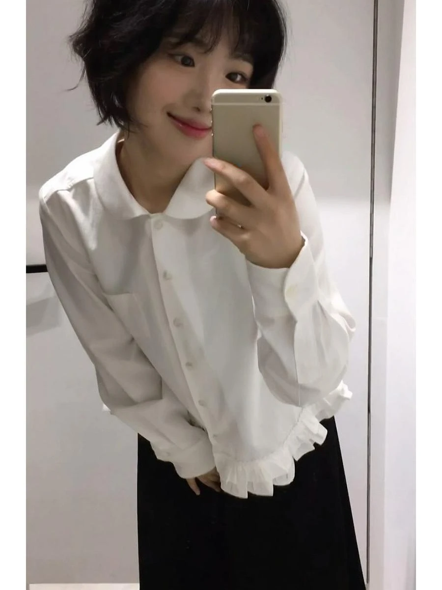 KUSAHIKI 2024 Autumn New Irregular Versatile Ruffle Patchwork White Shirt Fashion Korean Girls Blouse Top Vetement Femme