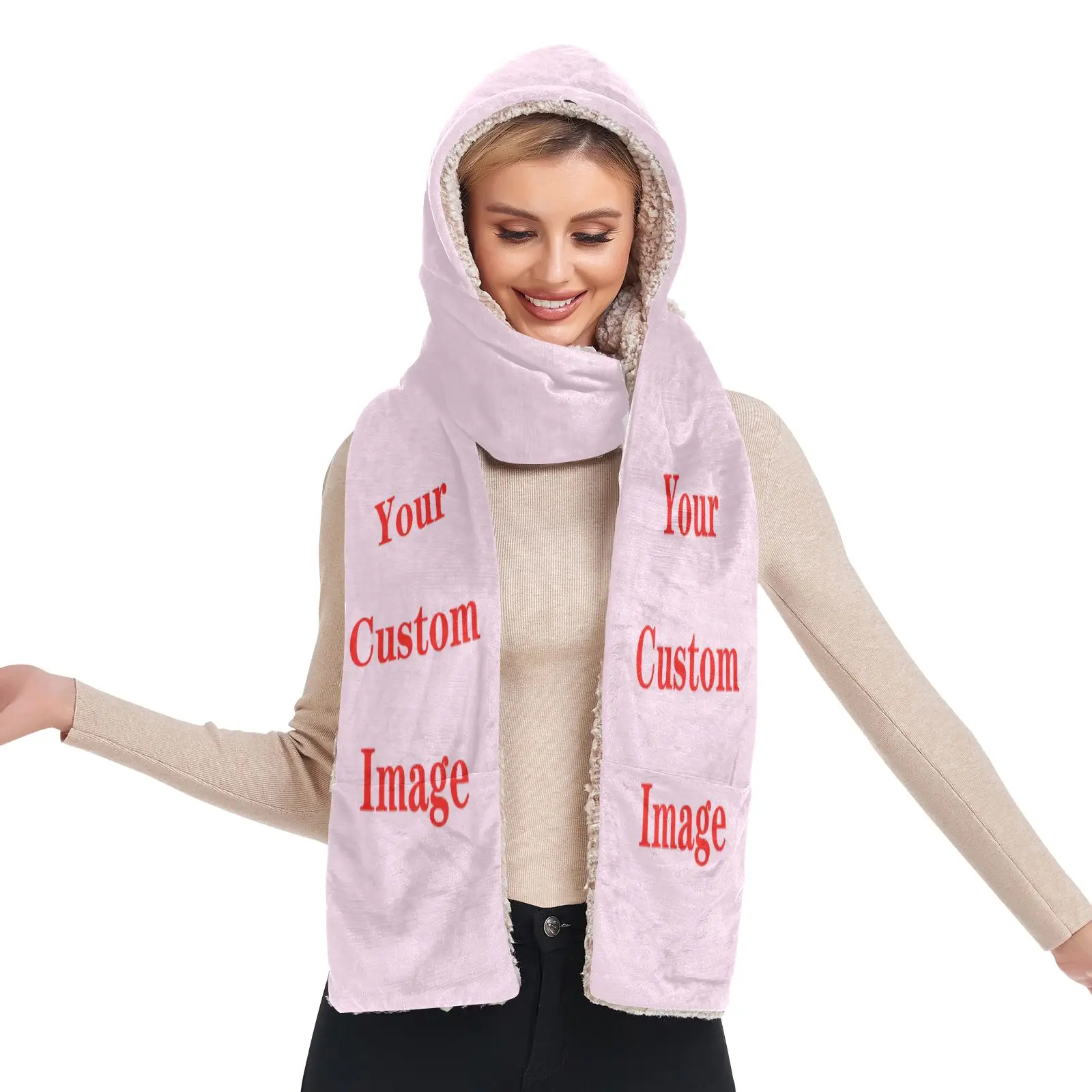 Custom Image Oor Muts Sjaal Winter Warm Vrouwen Siamese Hoodie Handschoenen Pocket Oorklep Hoed Pluche Lange Sjaal Wraps 2022 nieuwe