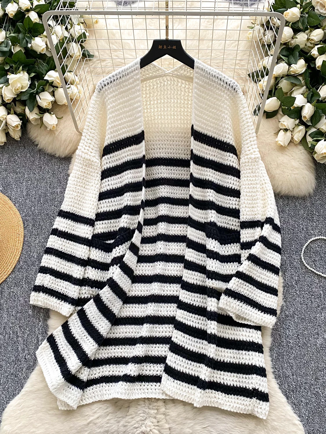 

Корейский простой полосатый вязаный кардиган, женский свободный повседневный дизайн, верхняя одежда средней длины, модный длинный све, круглый Ne