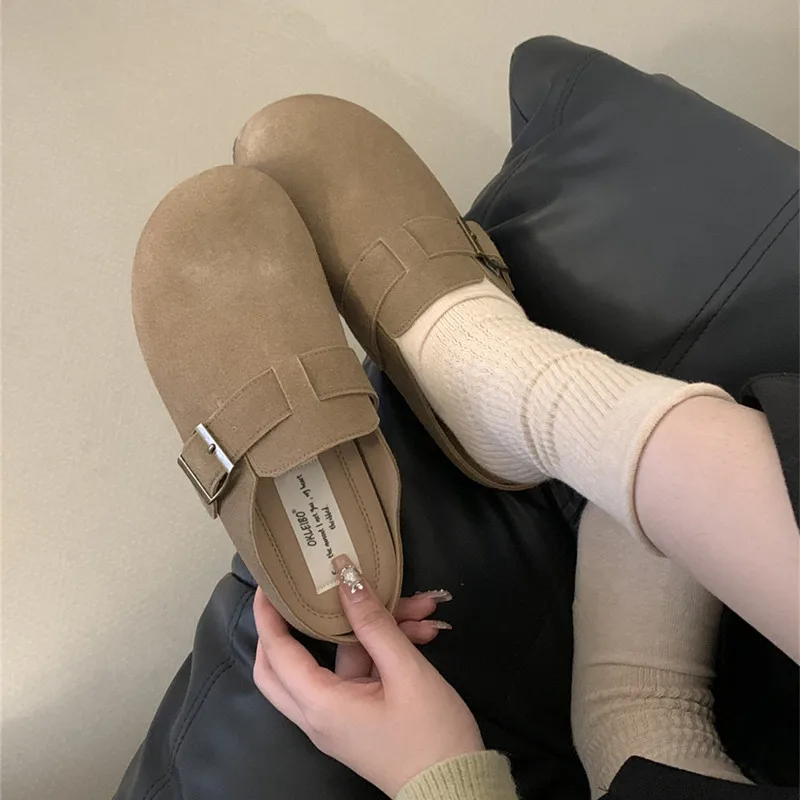 Comfortable soft-soled flats for women 2024 Buckle leather flats for Women Vintage Day Ugly Cute shoes frosted leather