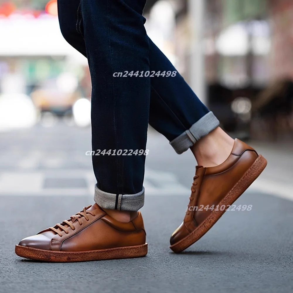 Men's Retro Hand Finished Leather Casual Sneakers Low Top Lace Up Faux Leather Shoes, Textured Thick Rubber Sole Daily Footwear