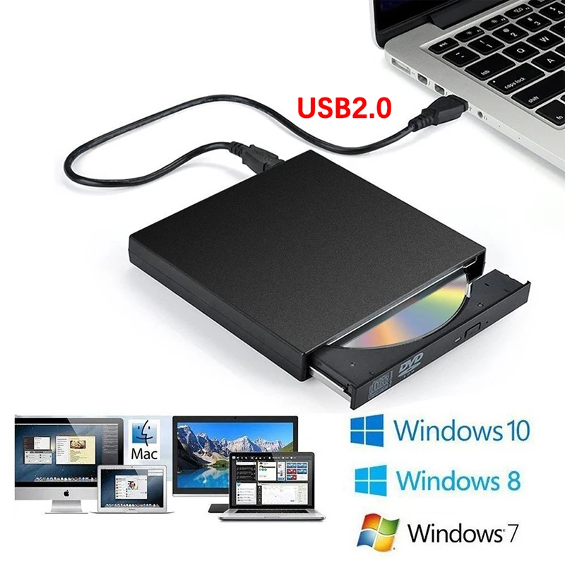 USB 2.0 USB A External CD/DVD RW Drive Read Burner Portable DVD Player Optical Drives For Laptops PC Windows 11 10 Linux OS Mac