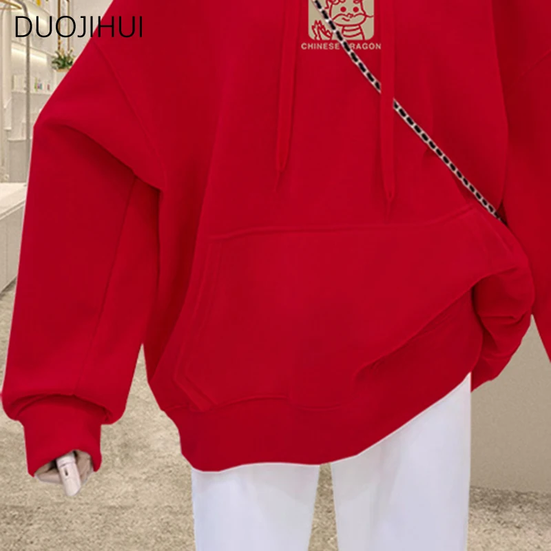 DUOJIHUI Red Chic Drawstring Hooded Loose Female Hoodies Spring New Basic Long Sleeveless Fashion Printing Casual Women Hoodies