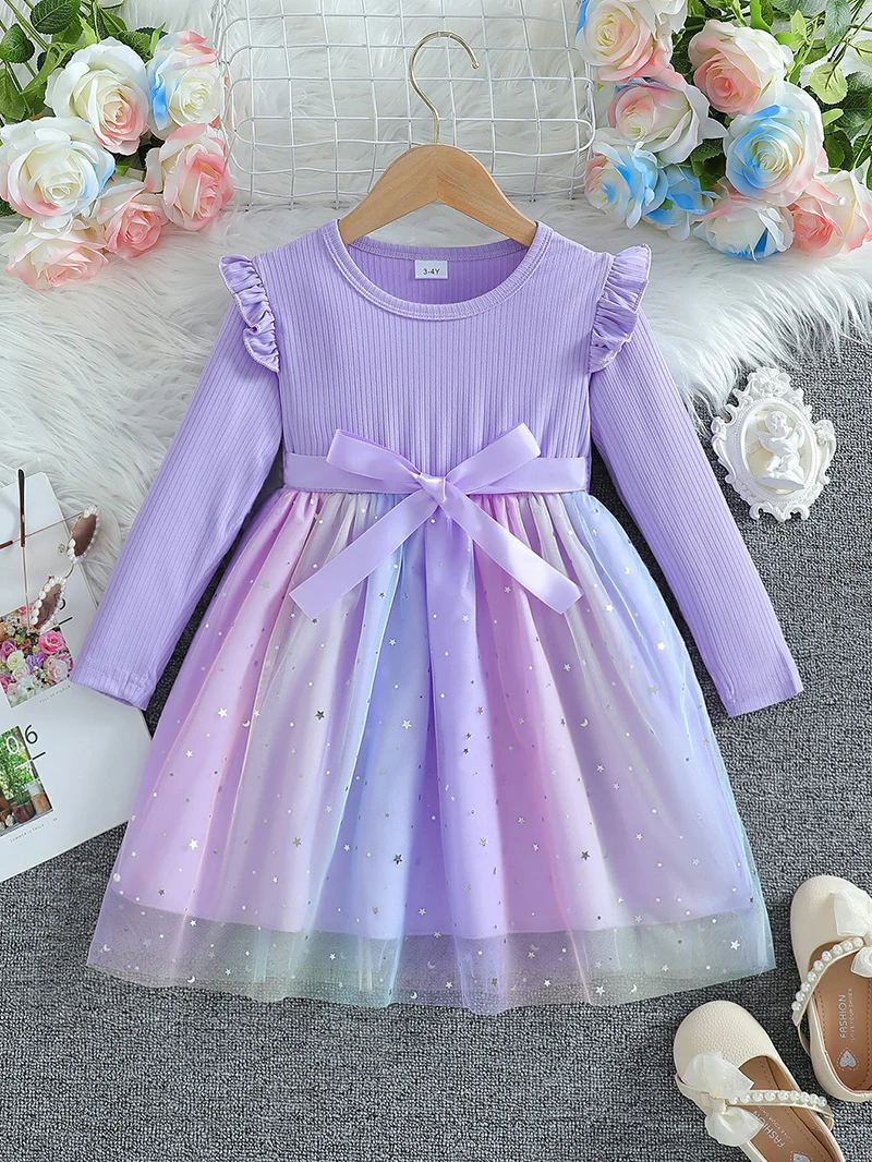 Girl\'s Long Sleeved Bow Dress 2-6Y Fashion Thin Children\'s Starry Sky Sequin Mesh Dress Spring Autumn Kid\'s Clothing