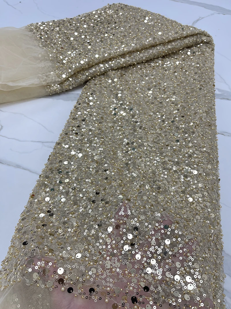 PGC Heavy silver Sequins Lace Fabric With Bead Sequins For Bridal Dress  Luxury Evening Dress French Lace 5 yards