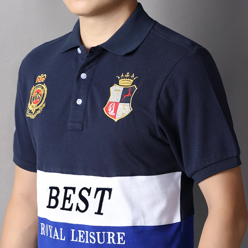 Neues Poloshirt für Herren mit Stickerei, Patchwork, Farbkontrast, schmaler Passform, klassischem Design, originellem Polokragen, aus reiner Baumwolle, atmungsaktiv. – Detail 8