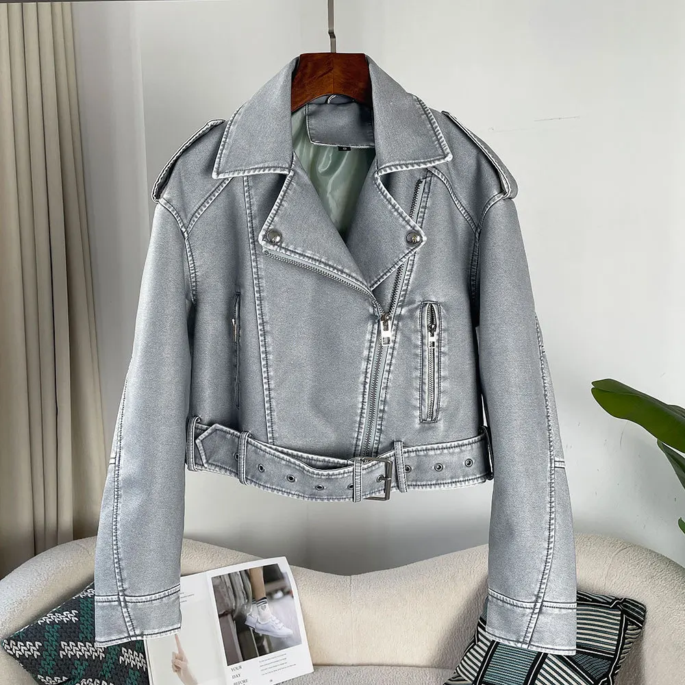 Damen Frühling Herbst Leder Jacke Europäischen Amerikanischen Stil Neue Revers Kurze Modische Casual Abnehmen Gürtel Dekor PU Mantel Top