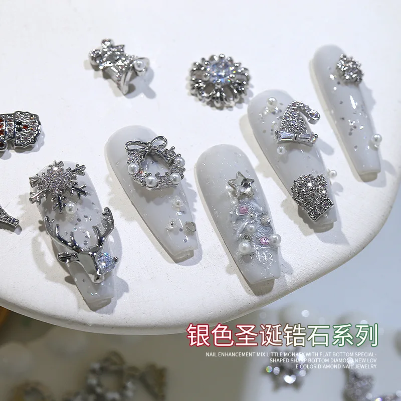 5pcs/lot New Light Luxury Silver Christmas Zircon Nail Accessories with Sparkling High Grade Snow Deer Nail Diamond Jewelry