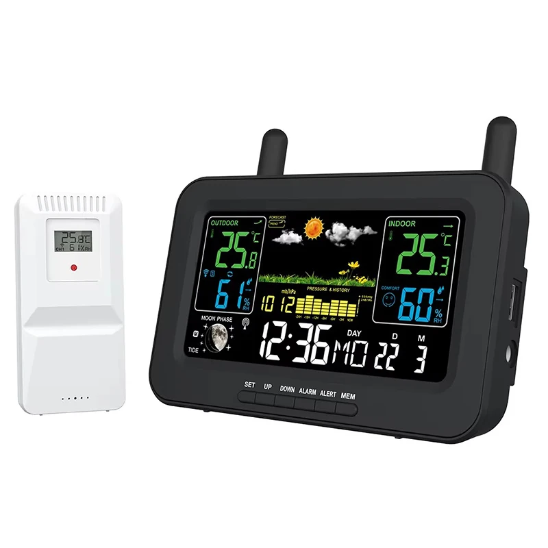 Estación meteorológica inteligente, medidor de humedad y temperatura Hi/Lo, despertador DCF, calendario, pronóstico de presión atmosférica, salida de puerto USB