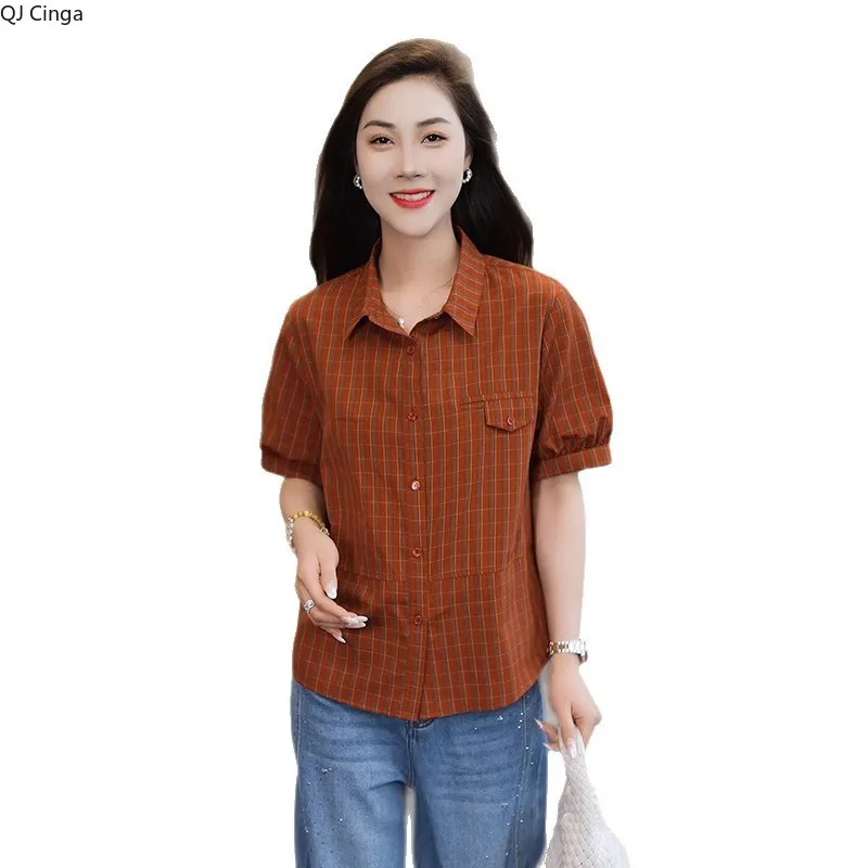 

Summer New Women's Short-sleeved Plaid Shirt, Fashion Casual Blouse, Coffee Color and Red Loose Striped Shirts