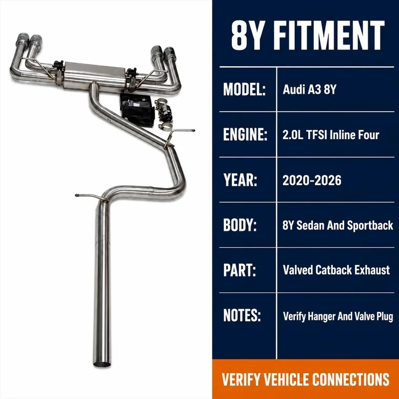 Valved Catback Exhaust For Audi A3 8Y 2 0L TFSI 2020 to 2026 Quad Carbon Fiber Tip With Electronic Valve Stainless Steel