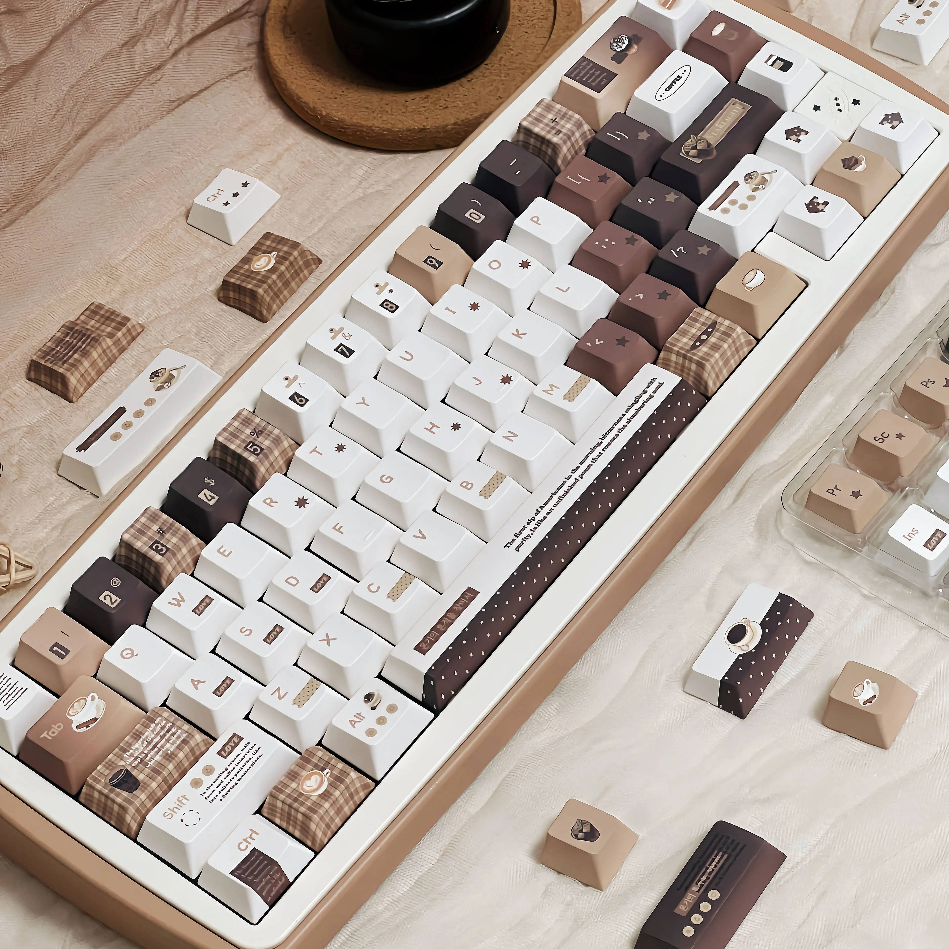 Poetry Coffee Cute Style Keycap Set 120 Keys PBT Cherry Keycap for Mechanical Keyboard MX Switch 68/84/87/104 Replacement Cap