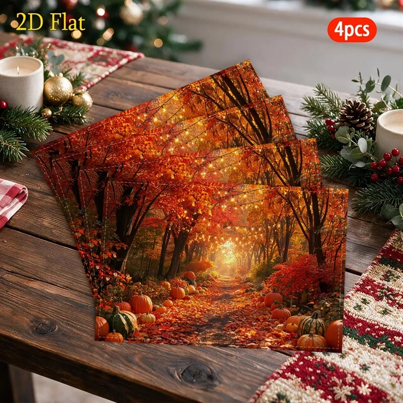 VIKAMA Fall Linen Placemats, Autumn Forest Path with Pumpkins, Machine Washable Heat Resistant, Dining Room