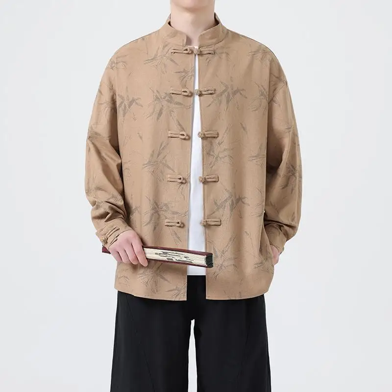 plus Size Chinese Style Linen Long Sleeve Shirt Men's Tang Suit Stand up Collar Top Bamboo Pattern Vintage Clothing