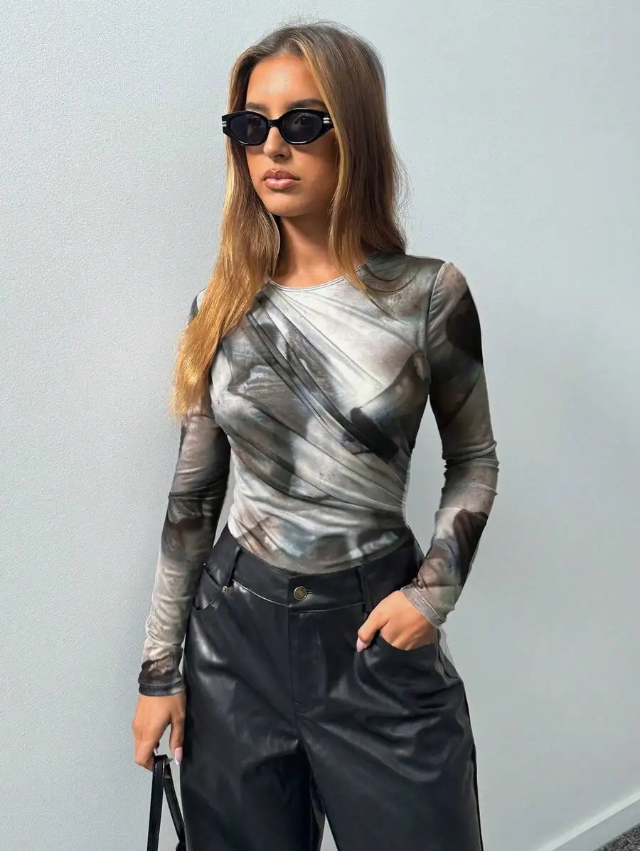 

Women's Sheer Mesh Long Sleeve Bodysuit with Abstract Print and Draped Detail