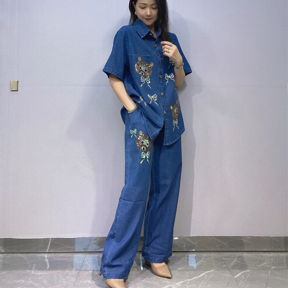 Loose Denim Suit Hot Diamond Short Sleeve Shirt and Elastic Waist Wide Leg Pants Two-piece Sets Women's Outfits