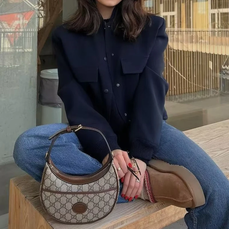 

Осенняя куртка с воротником-стойкой, двойными карманами, однотонная, байкерская куртка-пилот для женщин